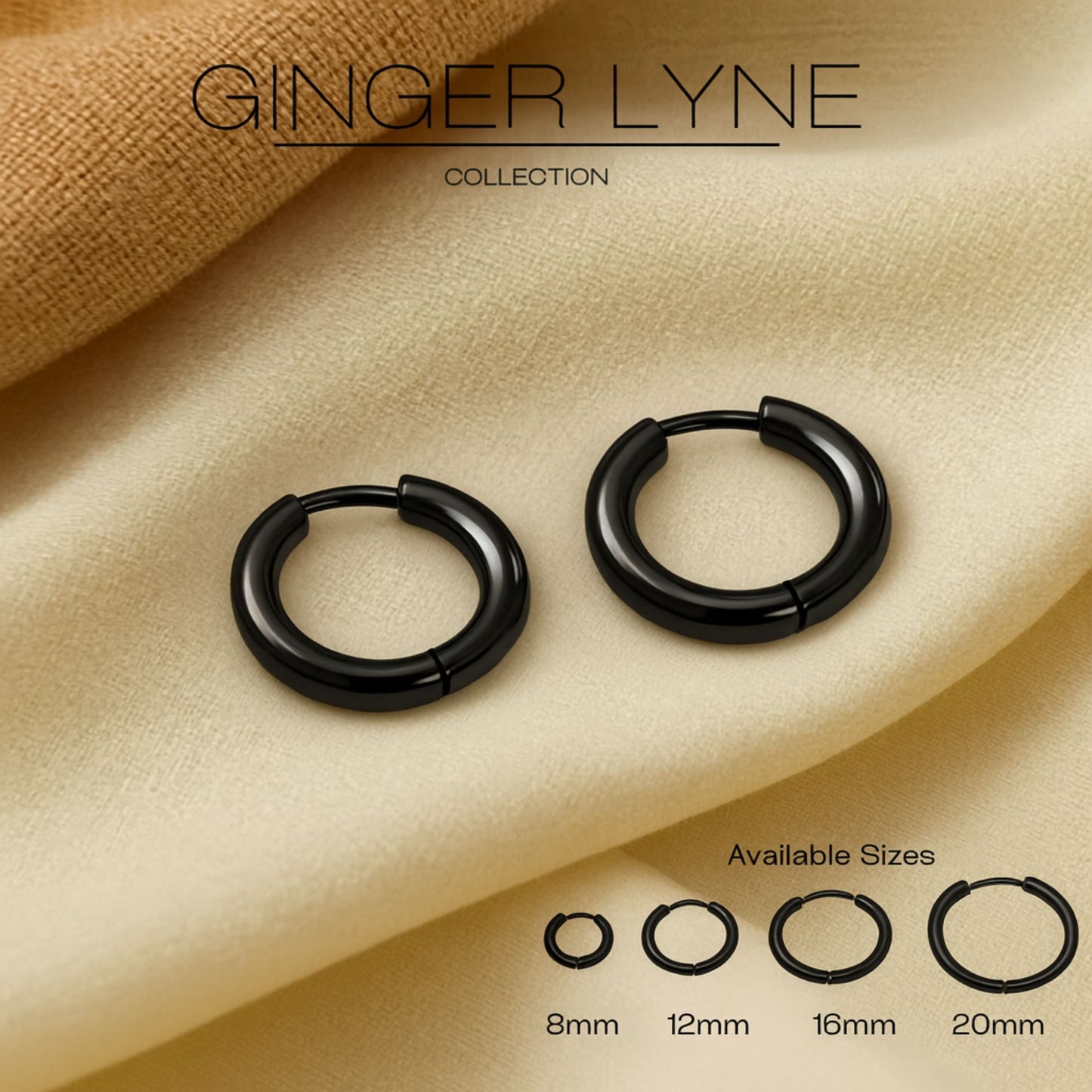 Stainless Steel Hoop Earrings by Ginger Lyne Huggie Style for Lobe Cartilage Piercing Body Jewelry - Black-20mm