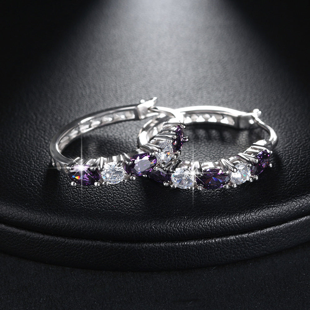 Hoop Earrings for Women Purple Cubic Zirconia White Gold Plated Ginger Lyne Collection - Silver
