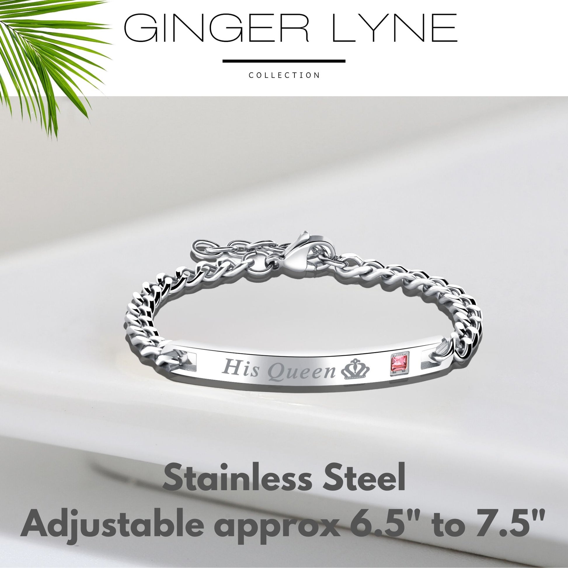 HisQueenorHerKingBraceletforWomenbyGingerLyneStainlessSteelIDStylePinkCZAdjustableto7.5"_Silver-3