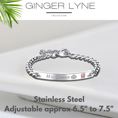 HisQueenorHerKingBraceletforWomenbyGingerLyneStainlessSteelIDStylePinkCZAdjustableto7.5"_Silver-3