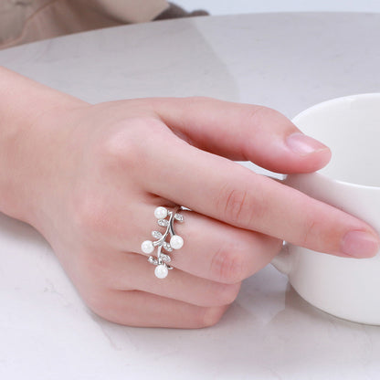 Leaf Simulated Pearl Adjustable Wrap Ring for Women 925 Sterling Silver Ginger Lyne Collection