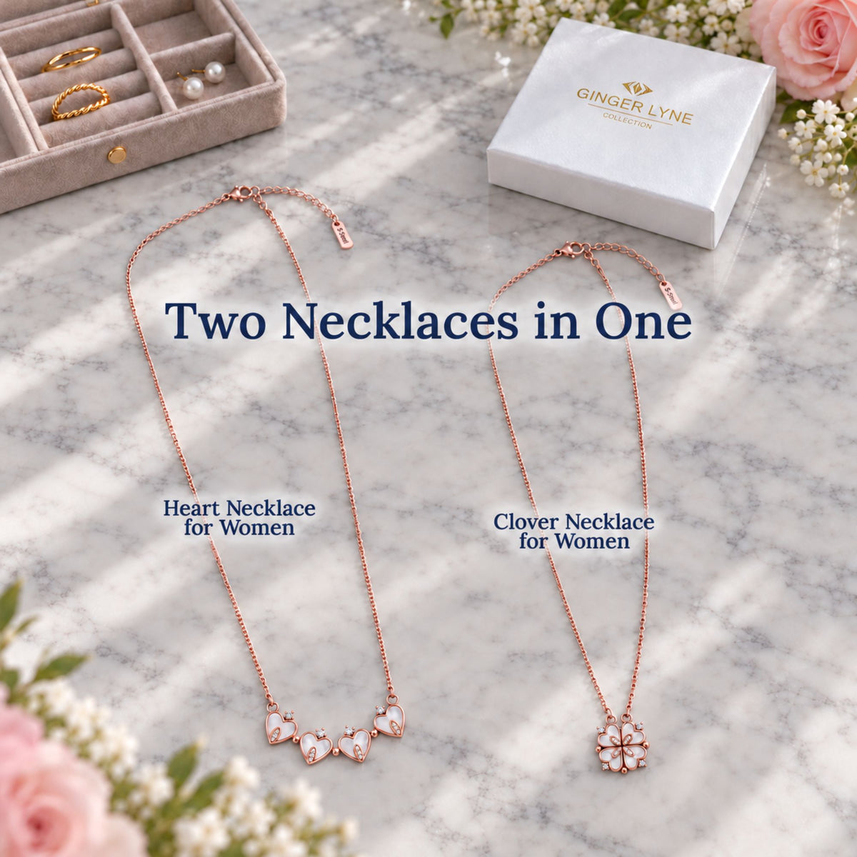 Heart to Clover 2 in 1 Pendant Necklace for Women Rose Gold CZ by Ginger Lyne Collection - Rose Gold Tone