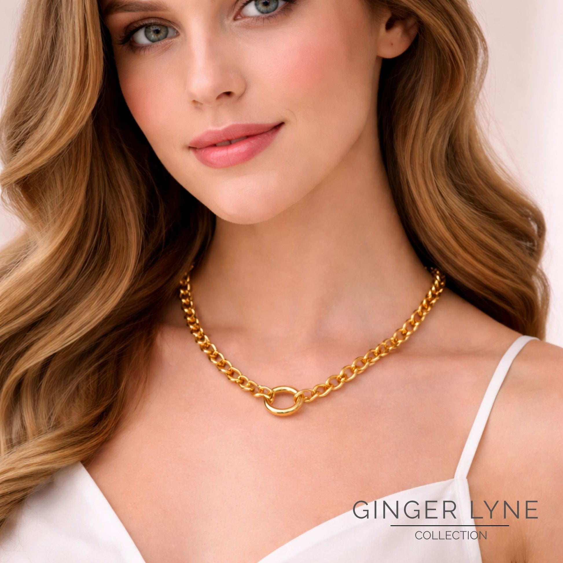 Carabiner Charm Necklace for Women O Link Chain Round Holder Stainless Steel by Ginger Lyne - 14mm/Gold