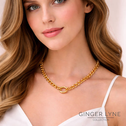 Carabiner Charm Necklace for Women O Link Chain Round Holder Stainless Steel by Ginger Lyne - 14mm/Gold