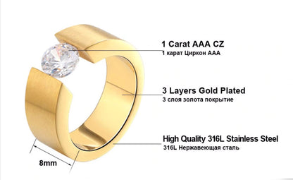 Wedding Band Ring for Men or Women 8mm Wide Gold Stainless Steel 1 Ct Cz Ginger Lyne Collection