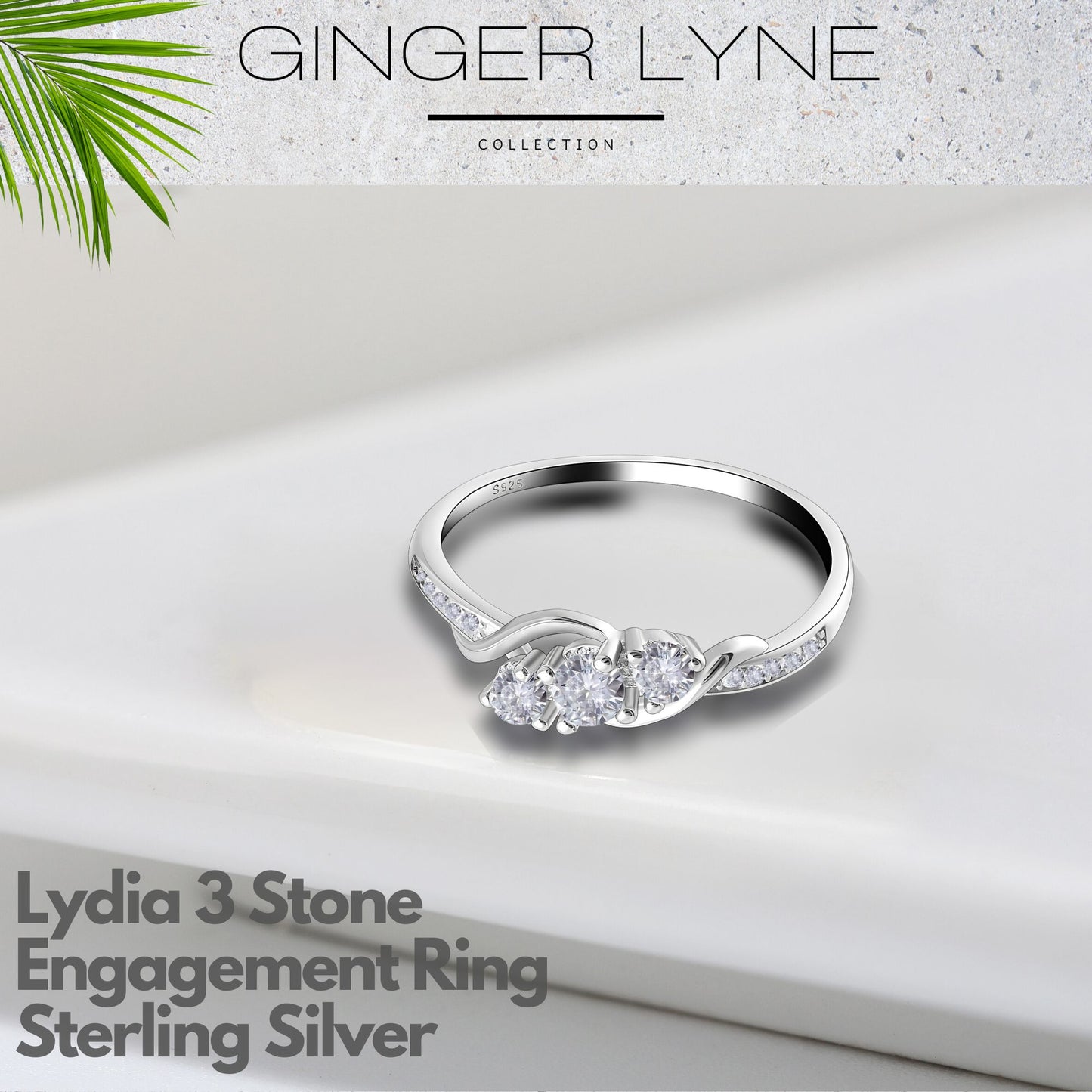 3 Stone Engagement Ring for Women,  Sterling Silver Cubic Zirconia Wedding  Ring for Her Ginger Lyne Collection