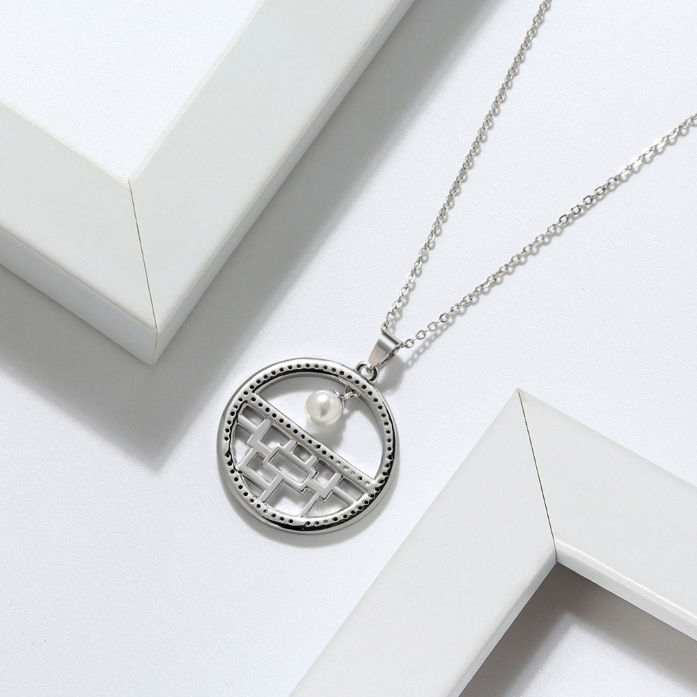 Flower Window Pattern Pendant Necklace for Women Cz Simulated Pearl Ginger Lyne Collection - Silver