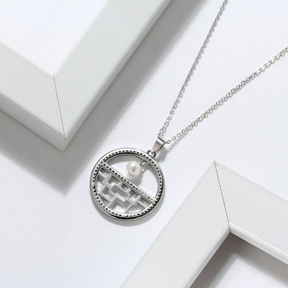 Flower Window Pattern Pendant Necklace for Women Cz Simulated Pearl Ginger Lyne Collection - Silver