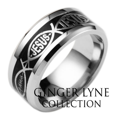 Jesus Fish Wedding Band for Men or Women 8mm Stainless Steel Ring by Ginger Lyne Collection