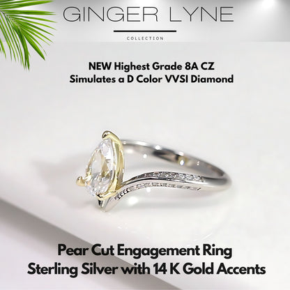 Pear Engagement Ring for Women by Ginger Lyne 1.5 Ct Sterling Silver Gold Wedding Rings