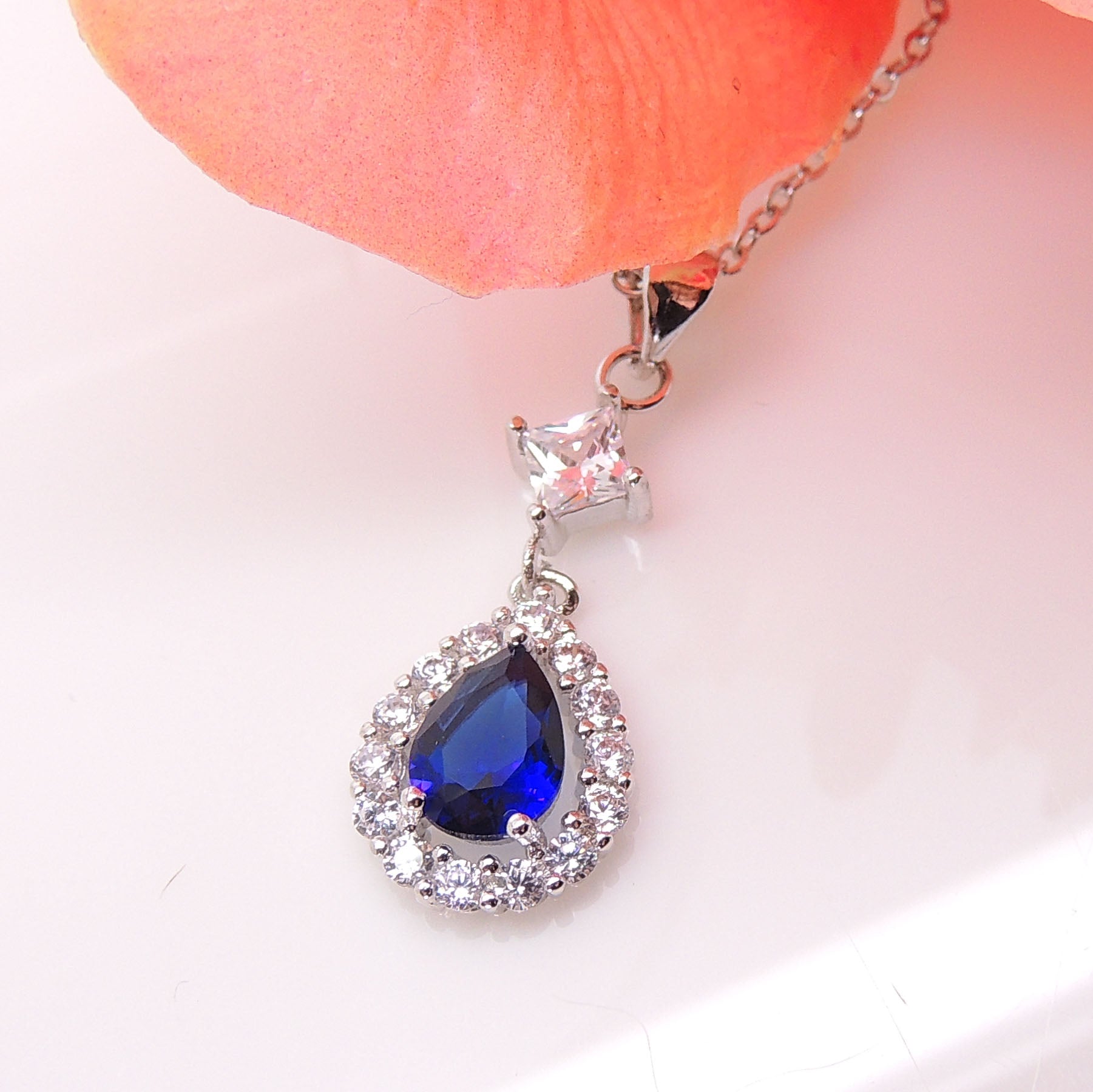 Sonoma Stud Pendant Necklace Blue Pear Clear Cz Womens Ginger Lyne Collection