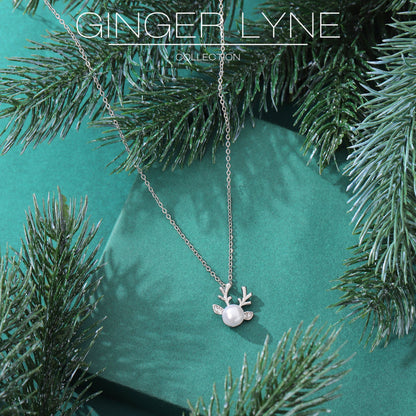 Reindeer Necklace for Women by Ginger Lyne Gold Plated Simulated Pearl Christmas Jewelry - Silver