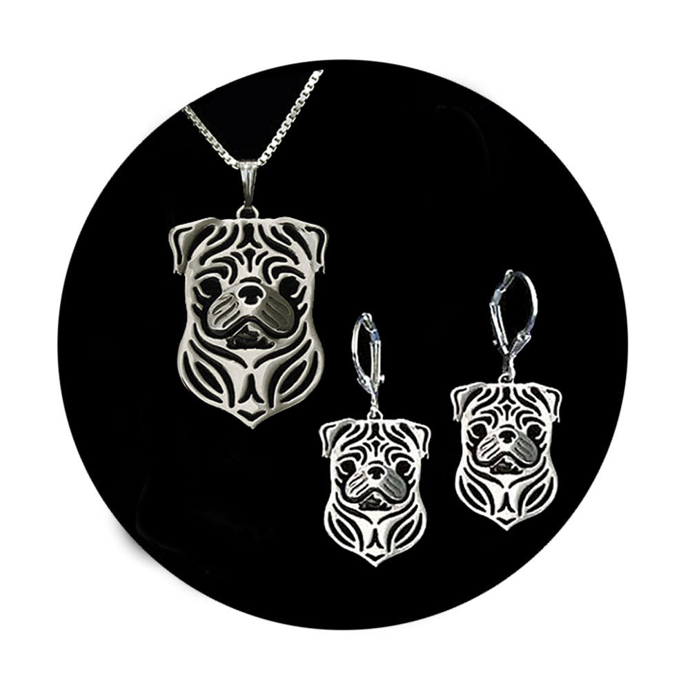 Pug Dog Sterling Silver Pendant Necklace Earrings Set Womens Ginger Lyne Collection - Dog Set