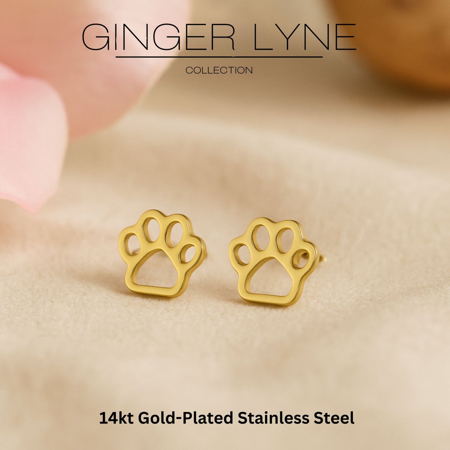 Ginger Lyne Paw Print Earrings for Women Pet Dog or Cat Lover Stainless Steel Stud - Gold Tone