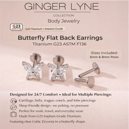 SmallButterflyCZSolitaireFlatBackStudEarringsBodyPiercingsbyGingerLyne2SetsPost6mm8mmIncluded_Clear-4