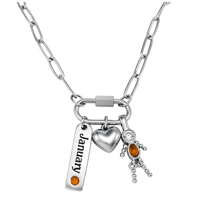 CarabinerFamilyBirthstoneNecklaceforMomorGrandmabyGingerLyneStainlessSteelCZBirthdayCharms_Male-January-Silver-1
