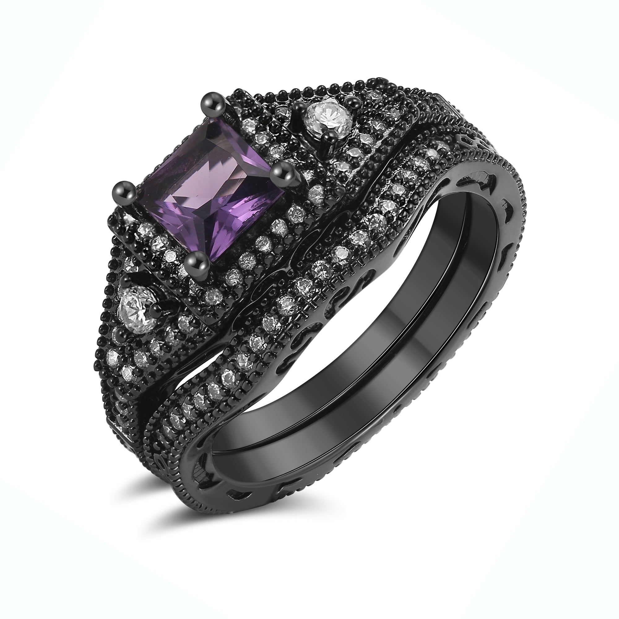 Danielle Bridal Set Cz Black Wedding Engagement Ring Women Ginger Lyne Collection - Purple,9