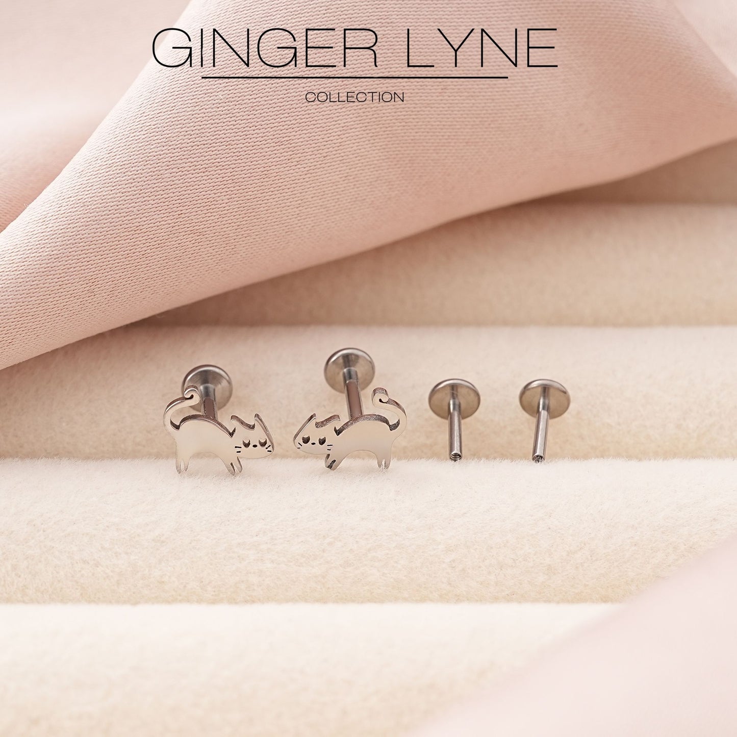 KittyCatTitaniumFlatBackStudEarringsStudBodyPiercingsbyGingerLyne2SetsPost6mm8mm_Silver-2