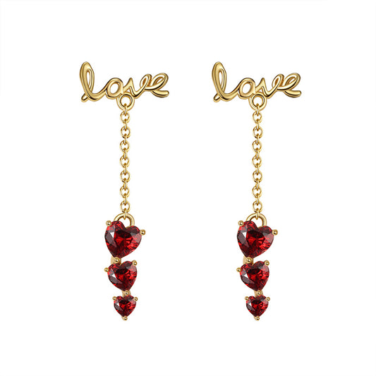 Love Red Hearts Chain Dangle Earrings for Women Gold Sterling Silver Ginger Lyne Collection