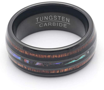 Tungsten Wedding Band Ring 8mm Men Women Koa Wood Abalone Ginger Lyne Collection