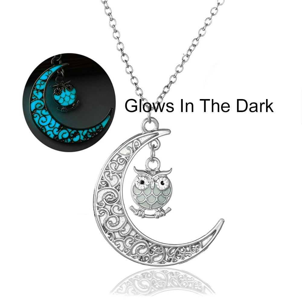 Owl Glow In Dark Pendant Chain Necklace for Women Green or Blue Ginger Lyne Collection - Blue
