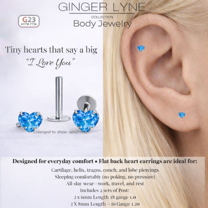 Small Heart CZ Solitaire Flat Back Stud Earrings Body Piercings by Ginger Lyne 2 Sets Post 6mm 8mm Included - 5mm-Blue