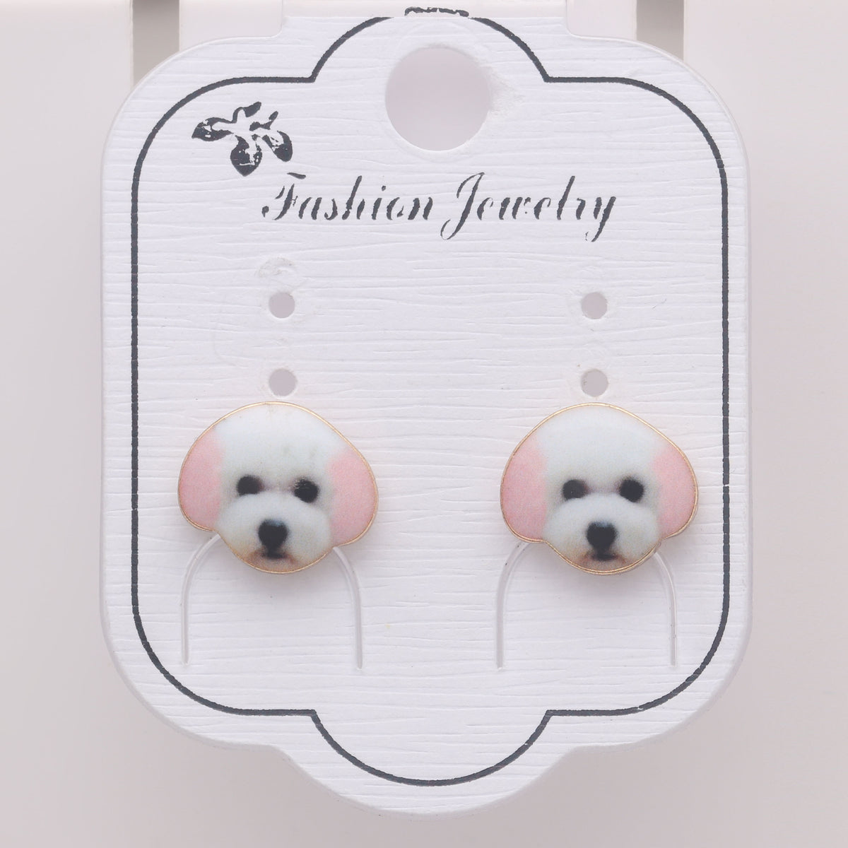 Bichon Frise White Puppy Dog Stud Earrings for Women Enamel Ginger Lyne Collection - Pink Ears