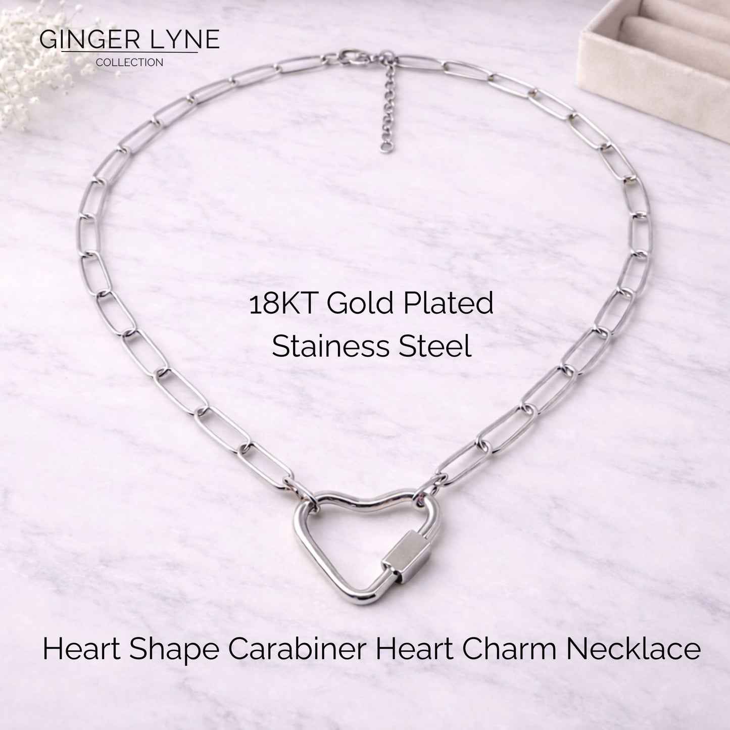 Heart Carabiner Charm Holder Necklace for Women by Ginger Lyne Paperclip Chain Silver Stainless Steel 18-20" - Silver-PaperclipChain/Heart CH