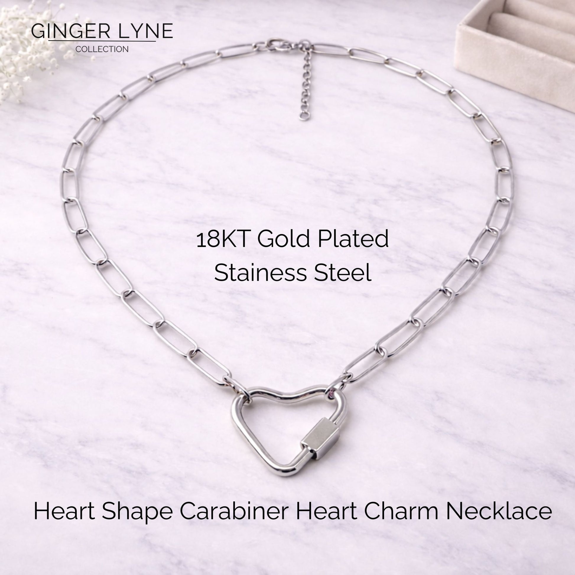 Heart Carabiner Charm Holder Necklace for Women by Ginger Lyne Paperclip Chain Silver Stainless Steel 18-20" - Silver-PaperclipChain/Heart CH