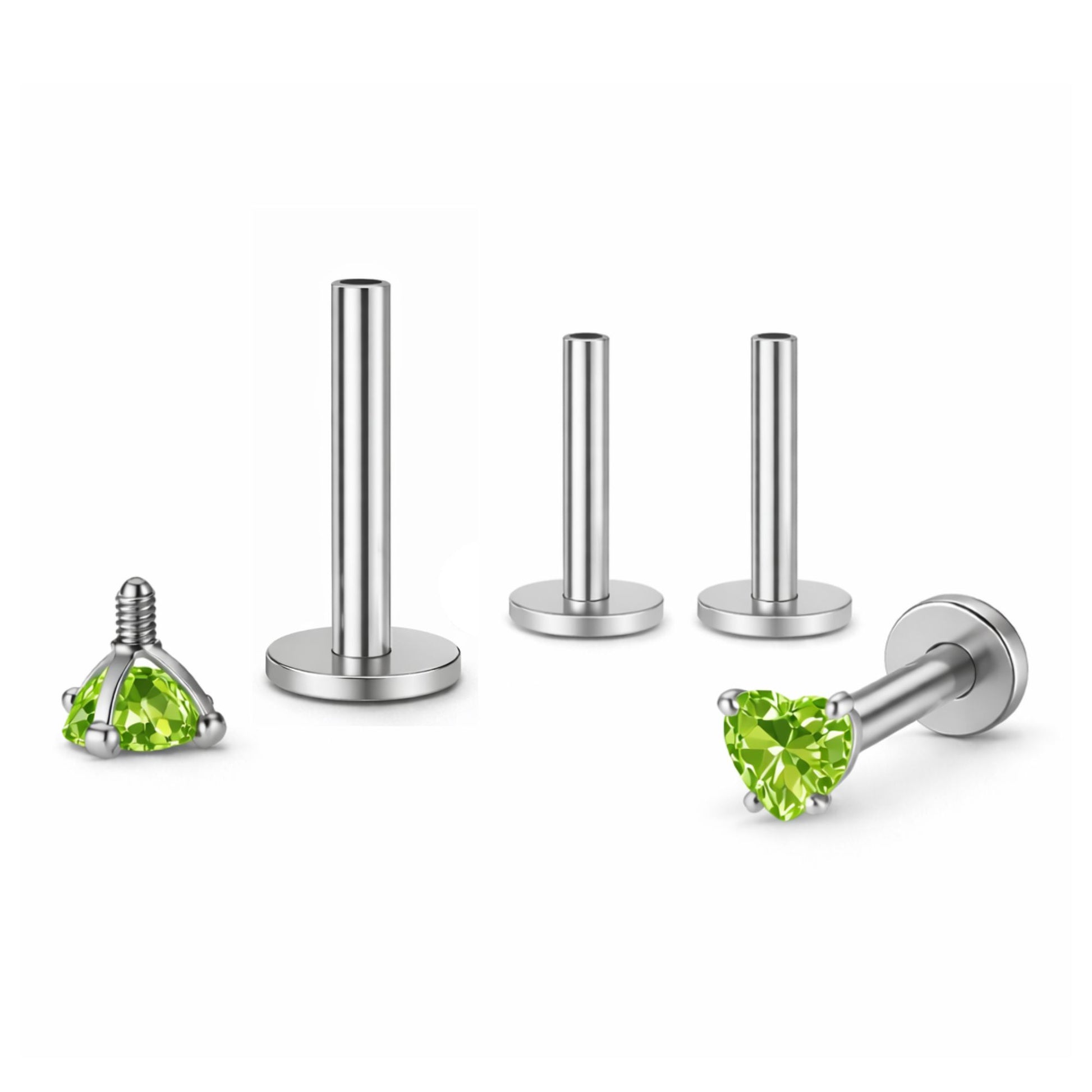 SmallHeartCZSolitaireFlatBackStudEarringsBodyPiercingsbyGingerLyne2SetsPost6mm8mmIncluded_3mm-PeridotGreen-1