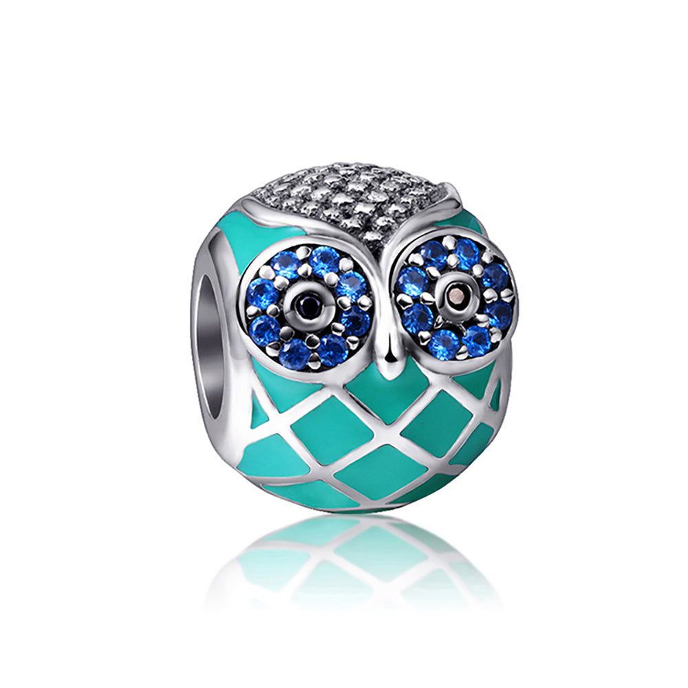 Owl Charm European Bead Blue CZ Sterling Silver Green Enamel Ginger Lyne Collection - Owl-60