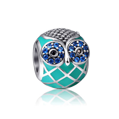 Owl Charm European Bead Blue CZ Sterling Silver Green Enamel Ginger Lyne Collection - Owl-60