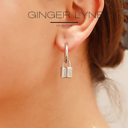 Padlock Dangle Hoop Earrings for Women Gold or Silver Stainless Steel Ginger Lyne Collection - Silver