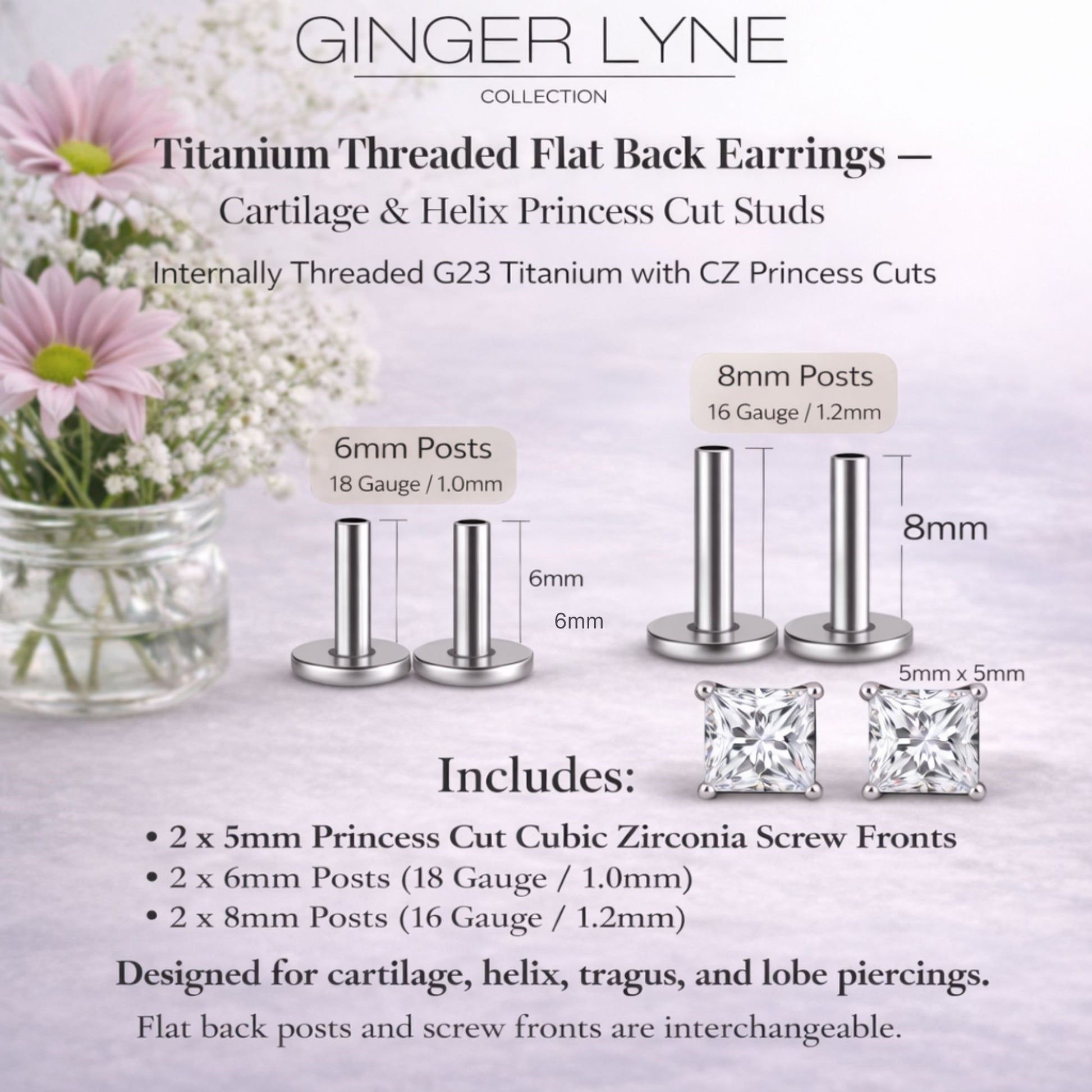 PrincessCutCZ5mmSolitaireFlatBackStudEarringsBodyPiercingsbyGingerLyne2SetsPost6mm8mmIncluded_Clear-4