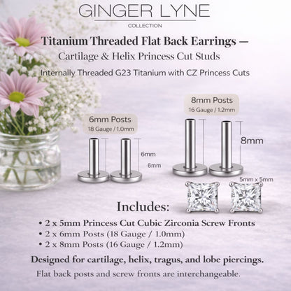 PrincessCutCZ5mmSolitaireFlatBackStudEarringsBodyPiercingsbyGingerLyne2SetsPost6mm8mmIncluded_Clear-4