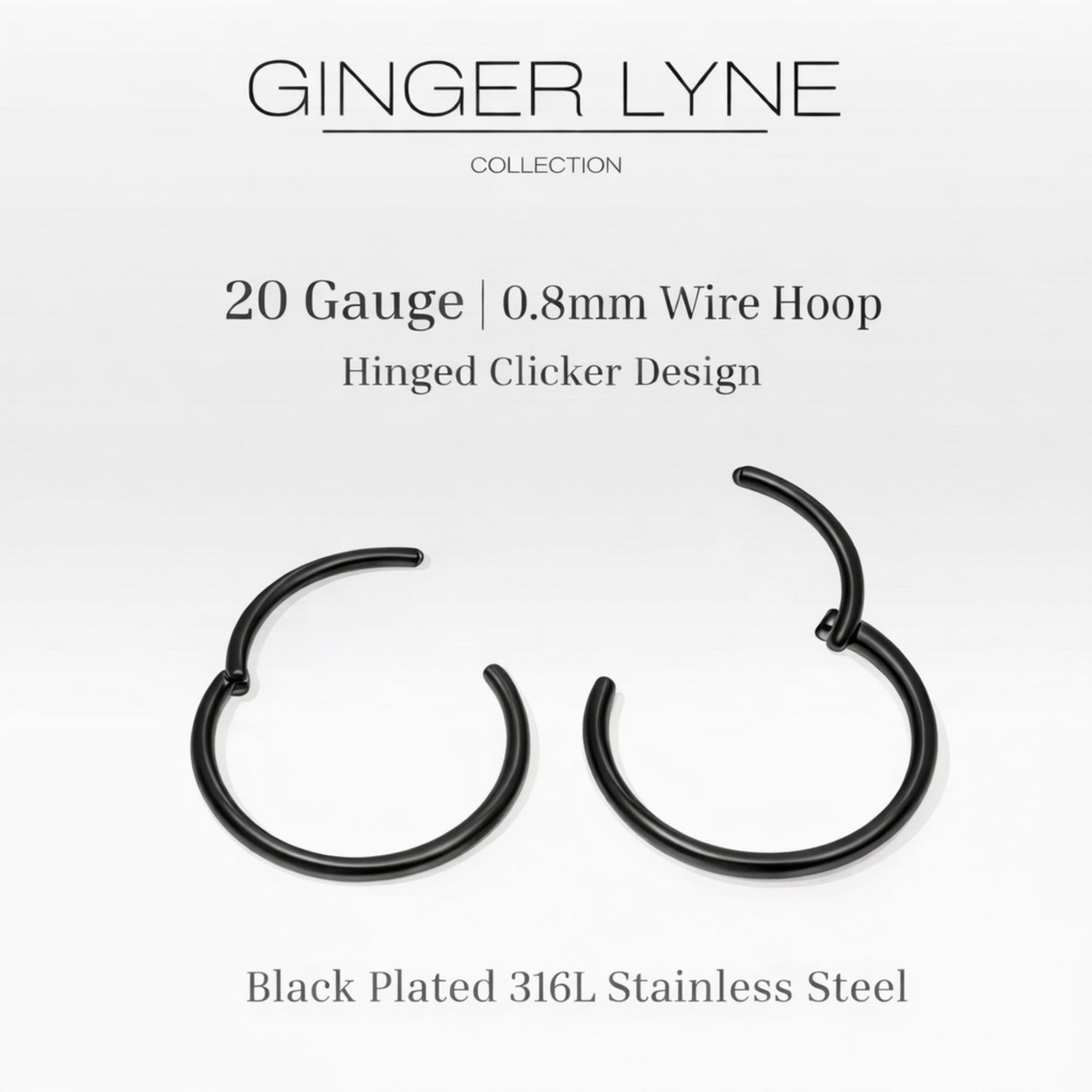 Thin Hoop Earrings Ginger Lyne 20 Gauge Stainless Steel Hinged Clicker for Lobe Cartilage Nose Piercing Body Jewelry - Black-12mm