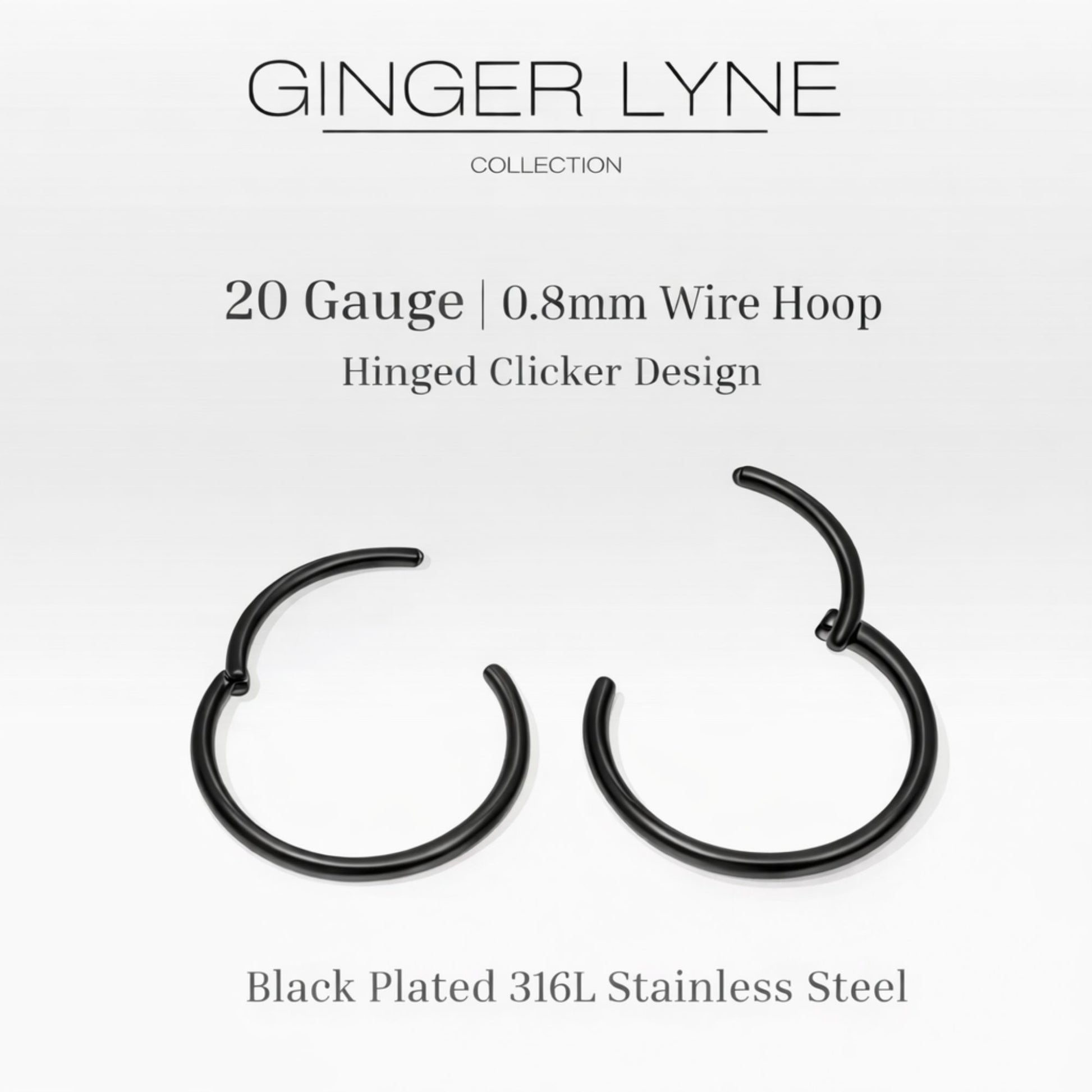 Thin Hoop Earrings Ginger Lyne 20 Gauge Stainless Steel Hinged Clicker for Lobe Cartilage Nose Piercing Body Jewelry - Black-12mm