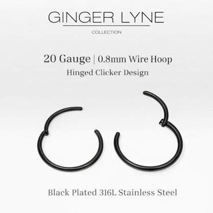 Thin Hoop Earrings Ginger Lyne 20 Gauge Stainless Steel Hinged Clicker for Lobe Cartilage Nose Piercing Body Jewelry - Black-12mm