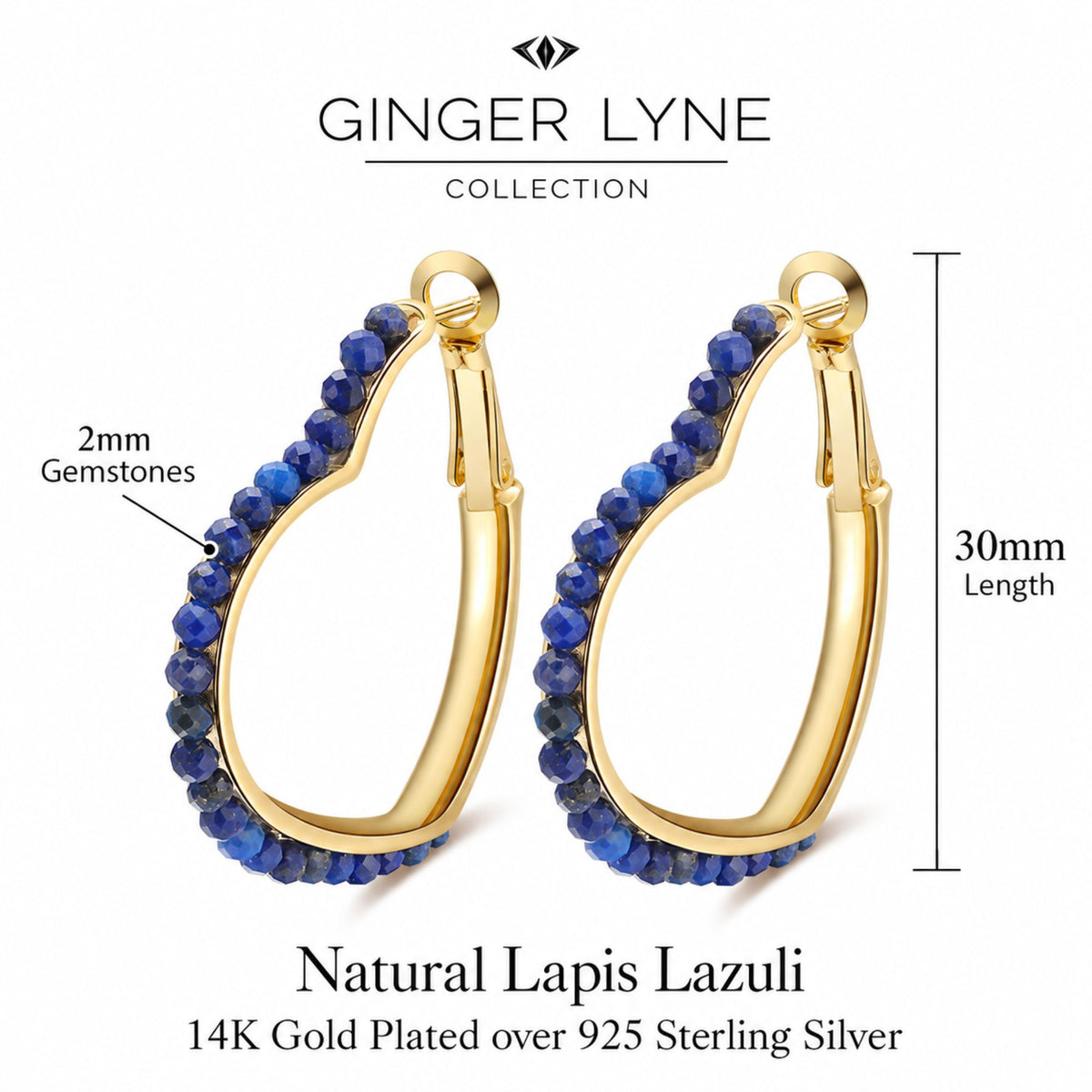 Heart Hoop Earrings for Women 14K Gold Plated Sterling Silver Natural Blue Lapis Lazuli - Blue