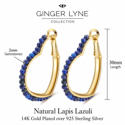 Heart Hoop Earrings for Women 14K Gold Plated Sterling Silver Natural Blue Lapis Lazuli - Blue
