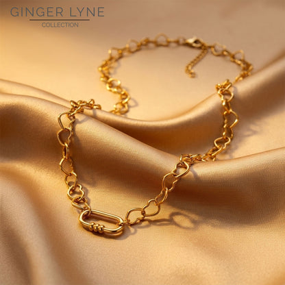 Carabiner Charm Holder Necklace for Women by Ginger Lyne Heart Link Chain 18KT Gold Plated Stainless Steel 18-20" - Gold-Heart Chain/Rect 3 Bead CH