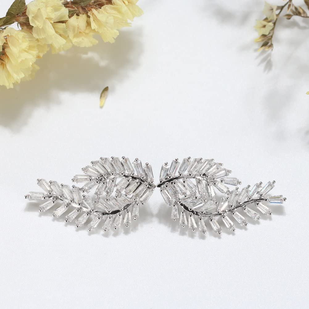 Curved Leaf Stud Drop Earrings for Women Clear Cubic Zirconia Ginger Lyne Collection