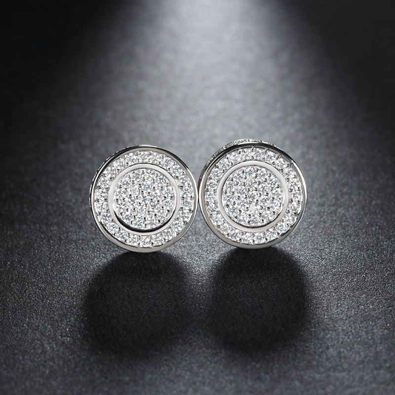 Round Stud Earrings for Women 3D CZ Iced Out White Gold Plated Ginger Lyne Collection - Silver
