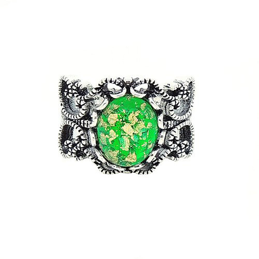 VintageFiligreeGreenSimulatedFireOpalOvalStatementRingGoldToneforWomenSize7byGingerLyne_Green/Gold-1