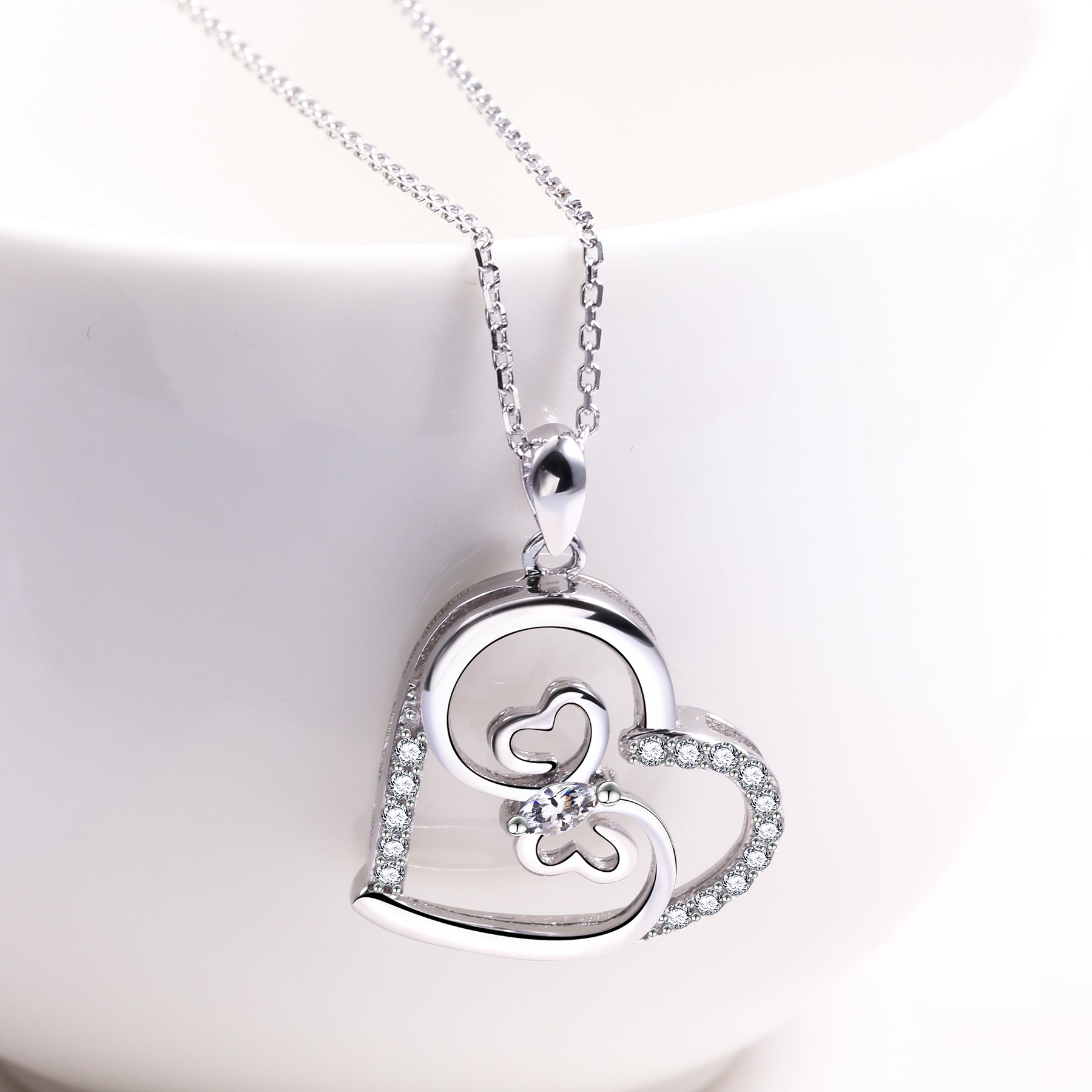 Hearts Sterling Silver Cz Pendant Chain Necklace for Women Ginger Lyne Collection