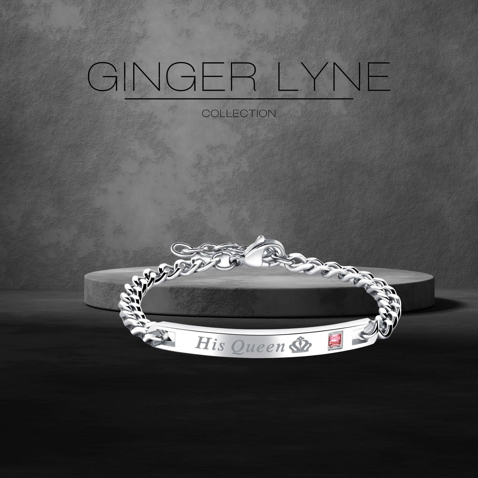 His Queen Bracelet for Women by Ginger Lyne Stainless Steel ID Style Pink CZ Adjustable to 7.5" - Womens