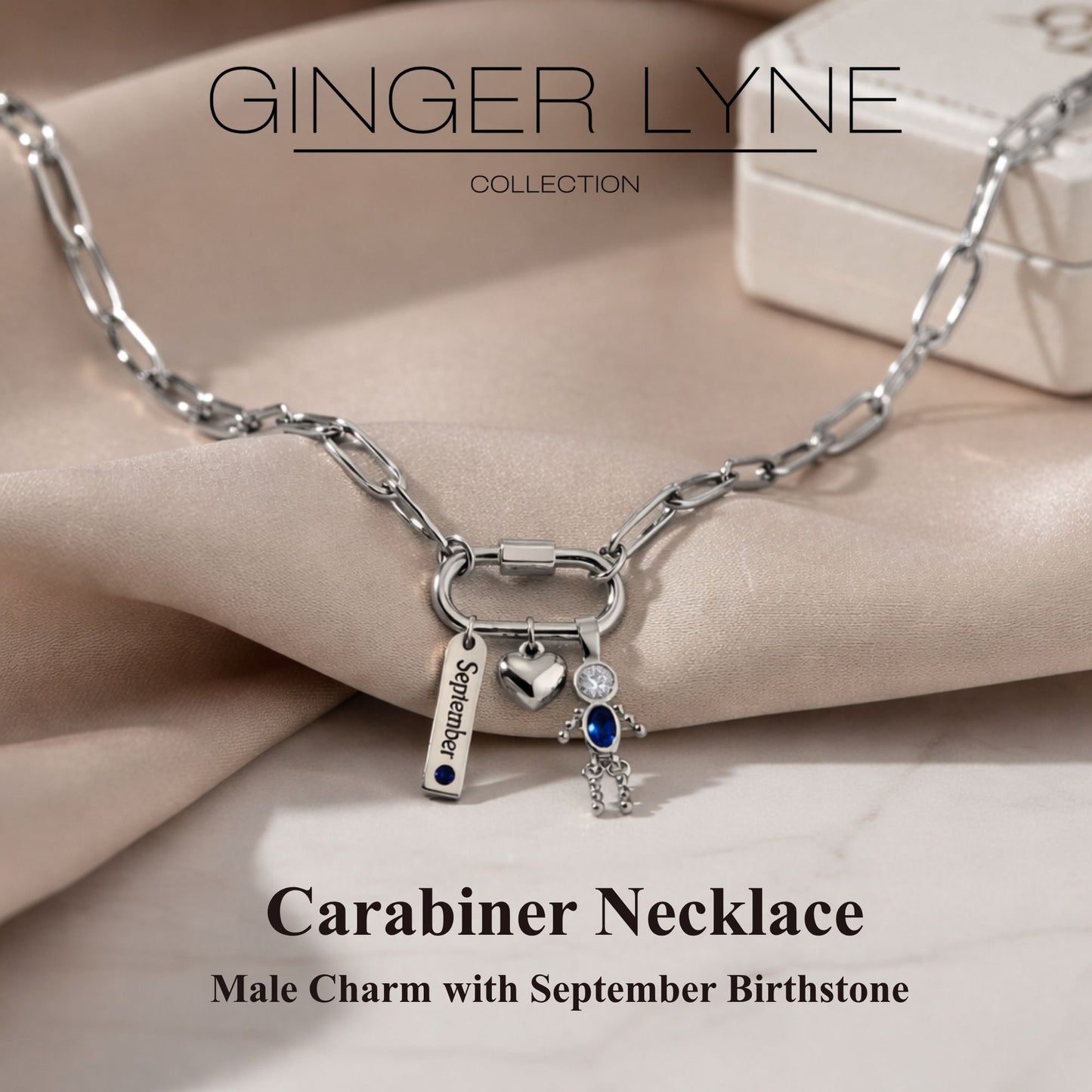 Carabiner Family Birthstone Necklace for Mom or Grandma by Ginger Lyne Stainless Steel CZ Birthday Charms_Male-September-Silver-2