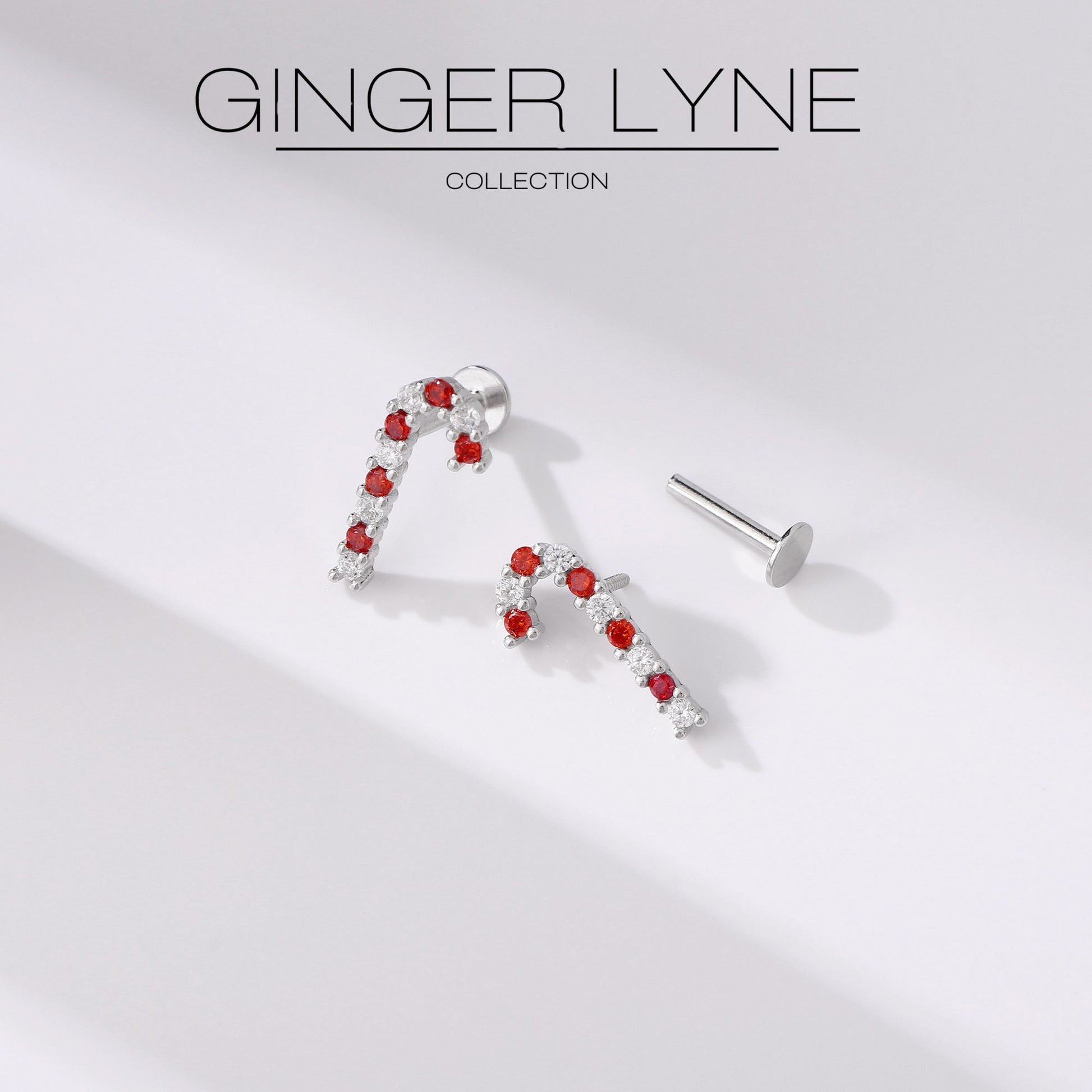 ChristmasCandyCaneFlatBackEarringsforWomenSterlingSilver16gCartilageHelixLobeBodyPiercingStudbyGingerLyneCollection_Silver-2
