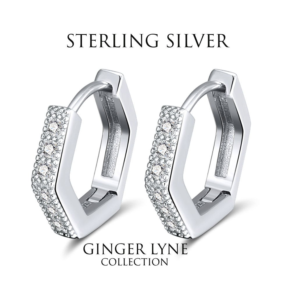 Hexagon Hoop Earrings for Women Sterling Silver Clear Pave Cz Ginger Lyne Collection