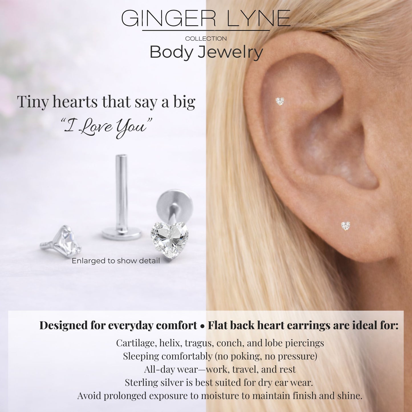 Ginger Lyne Solitaire Heart Flat Back Stud Earrings Sterling Silver Cubic Zirconia Body Jewelry - Silver-3mmCZ-16G-8mmPost